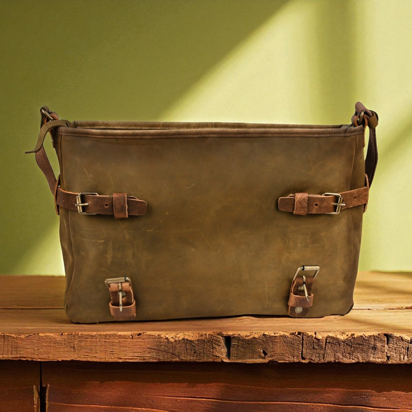 NEW Bovine Leather Buckled Messenger Bag - Olive