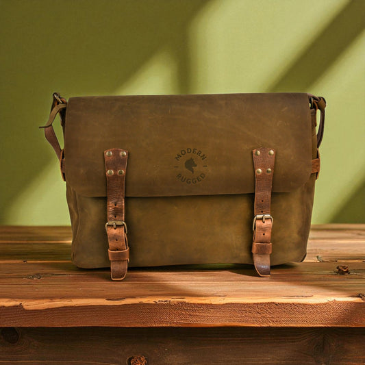 NEW Bovine Leather Buckled Messenger Bag - Olive
