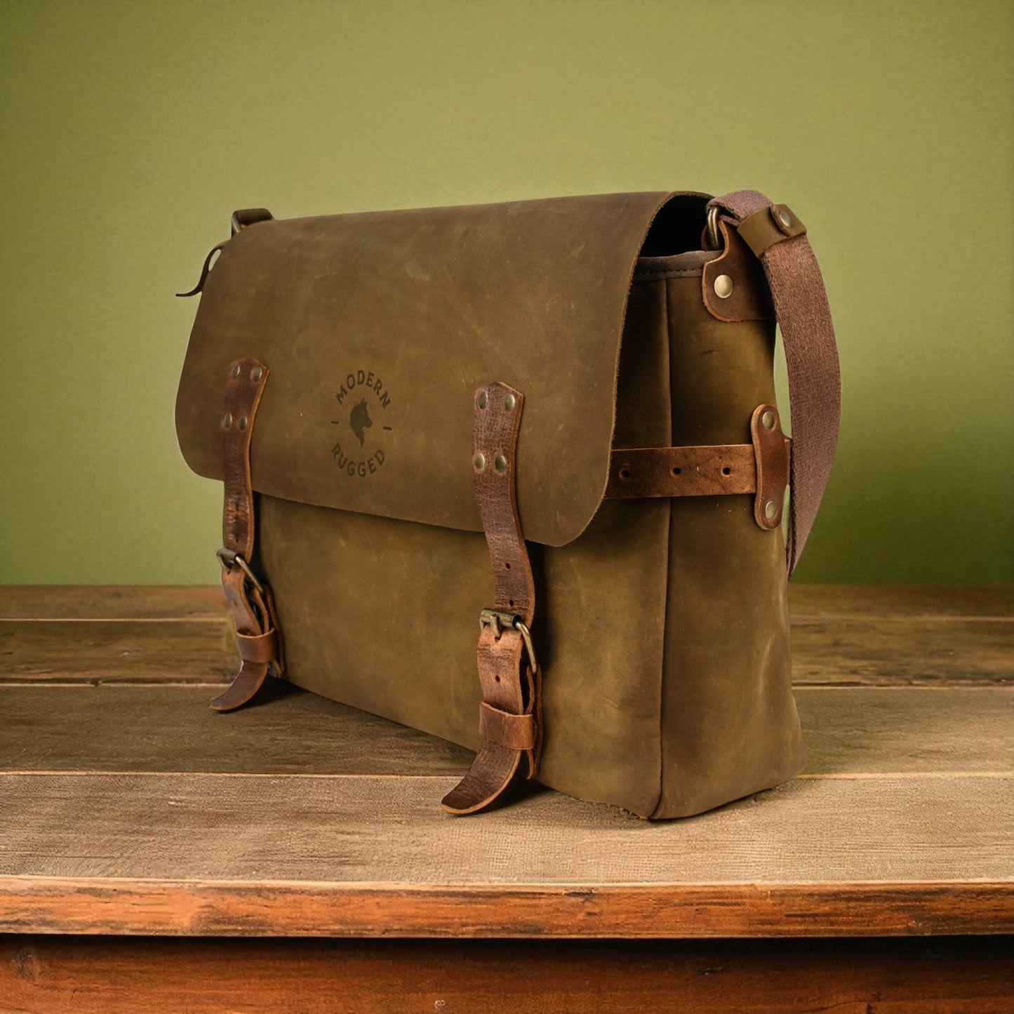 NEW Bovine Leather Buckled Messenger Bag - Olive