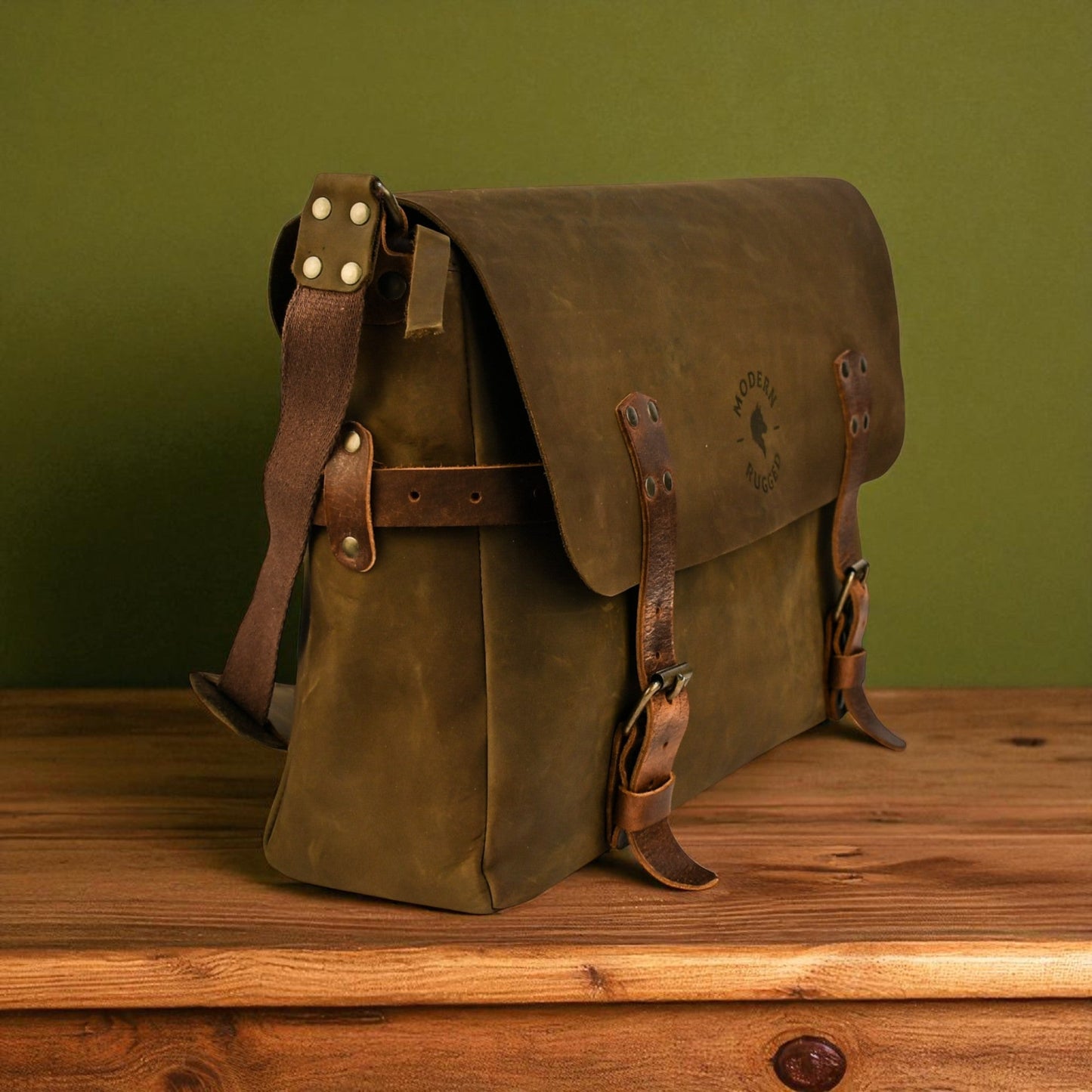 NEW Bovine Leather Buckled Messenger Bag - Olive