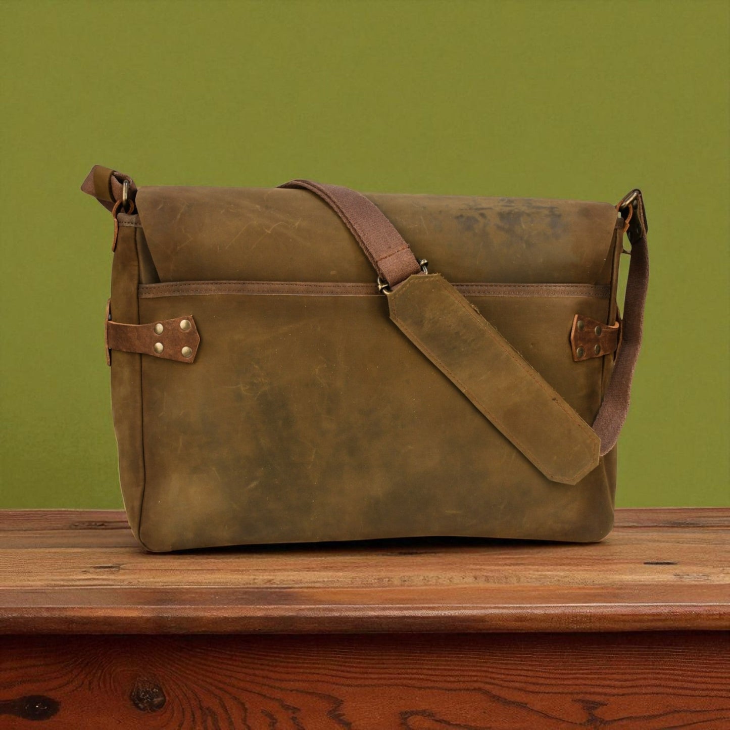NEW Bovine Leather Buckled Messenger Bag - Olive