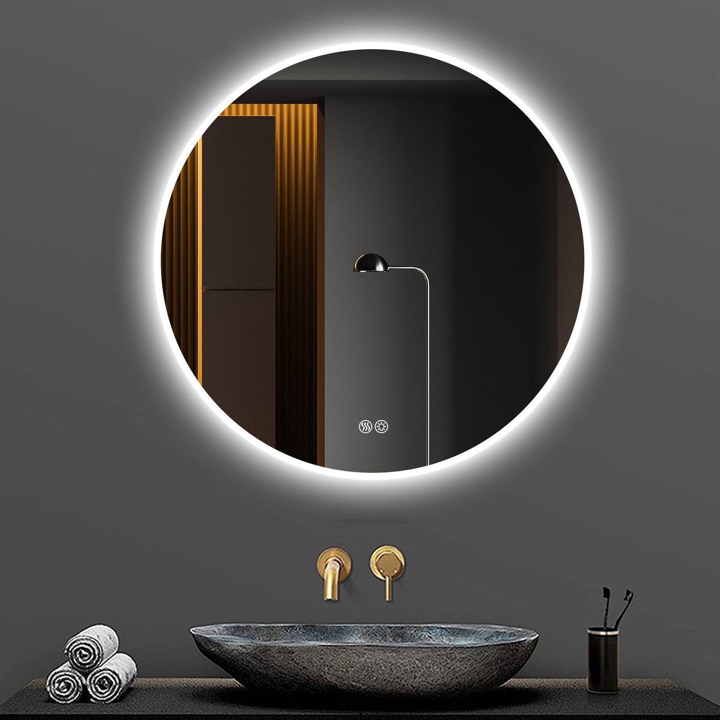 NEW 32” Round LED Bathroom Mirror – Anti-Fog, Silver, Dimmable Light