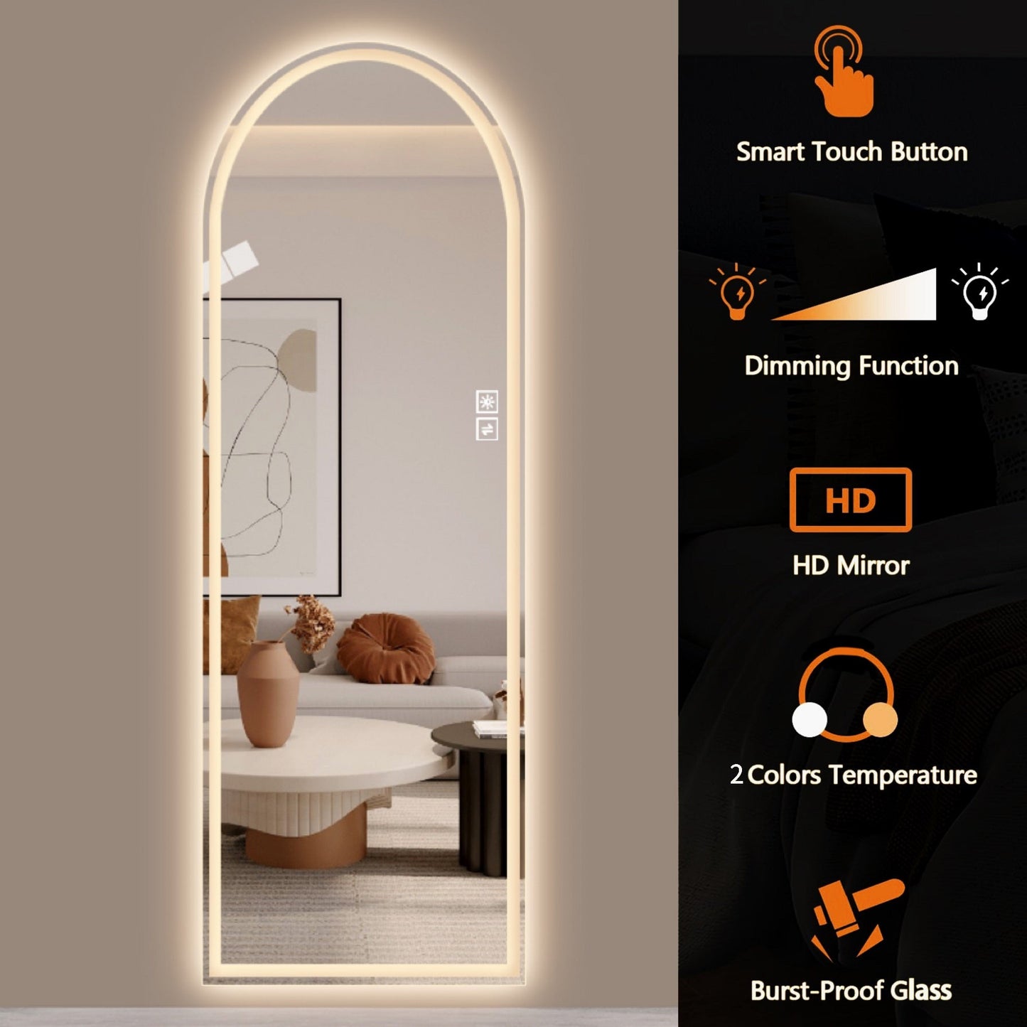 NEW 65” LED Full-Length Mirror – Arch Design, Lights, Shatter-Proof