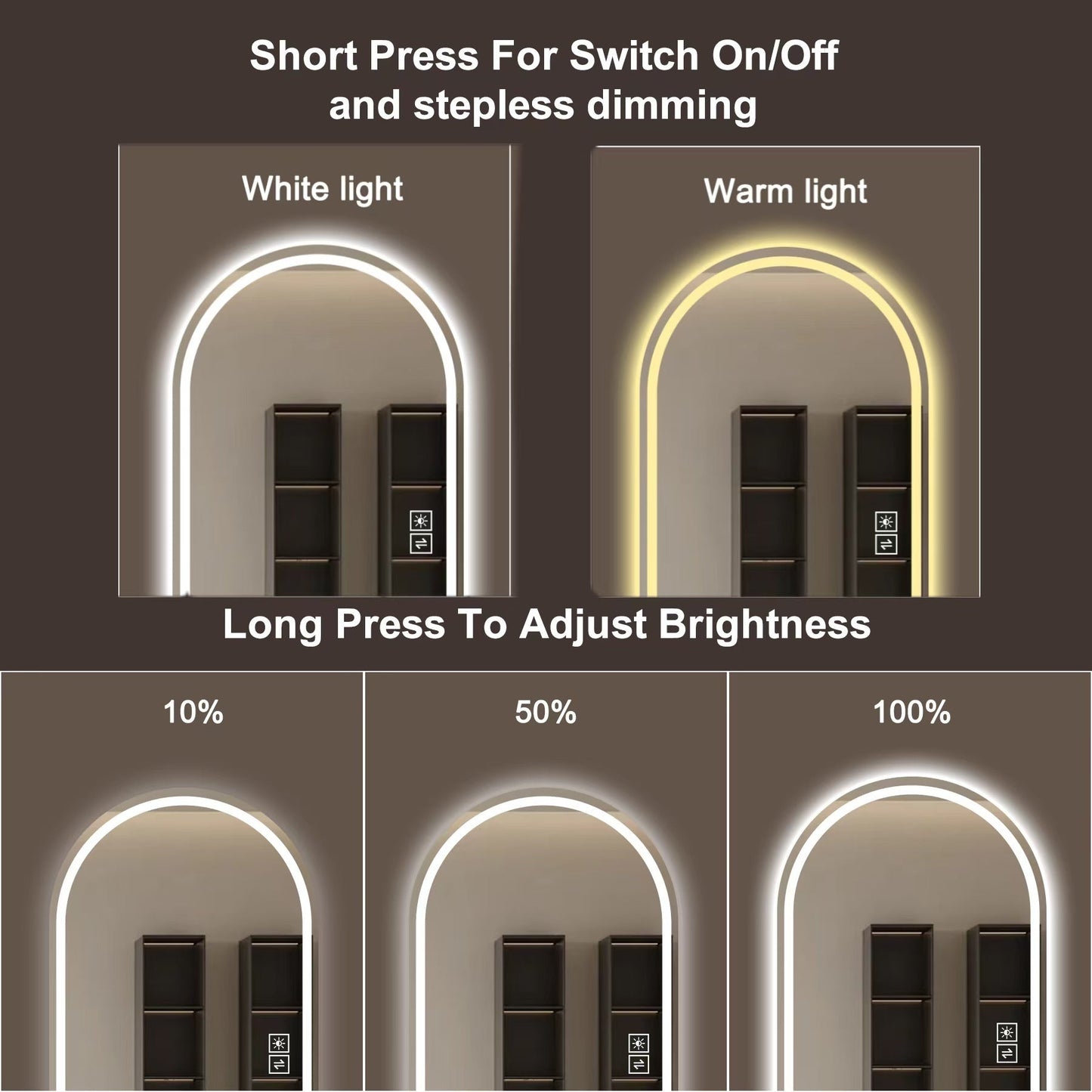 NEW 65” LED Full-Length Mirror – Arch Design, Lights, Shatter-Proof