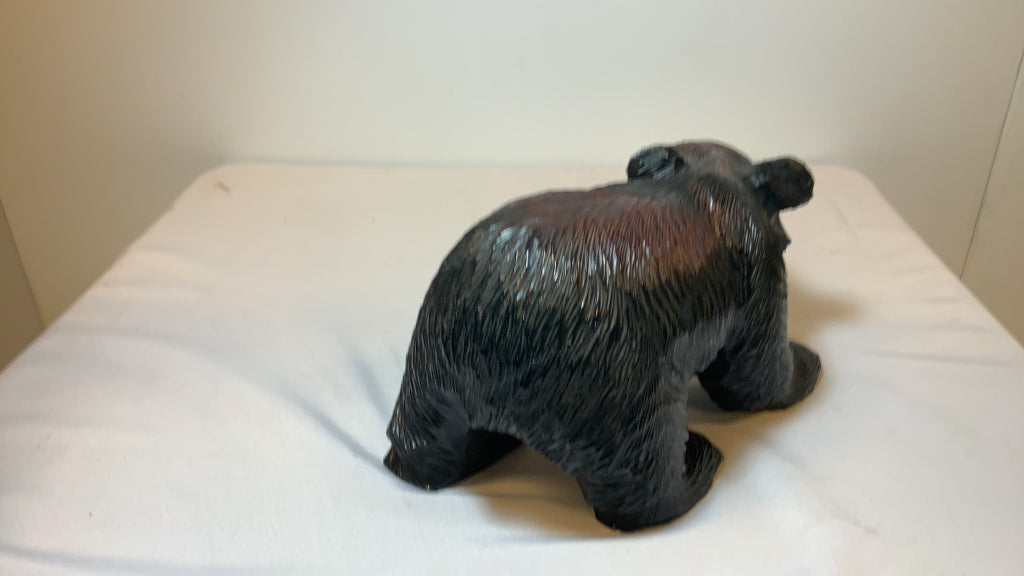 USED 8" Wood Carved Black Bear with Fish Decor Figurine