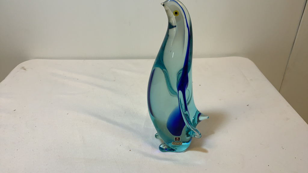 USED Atlaglass Aquamarine Colored Penguin Glass sculpture