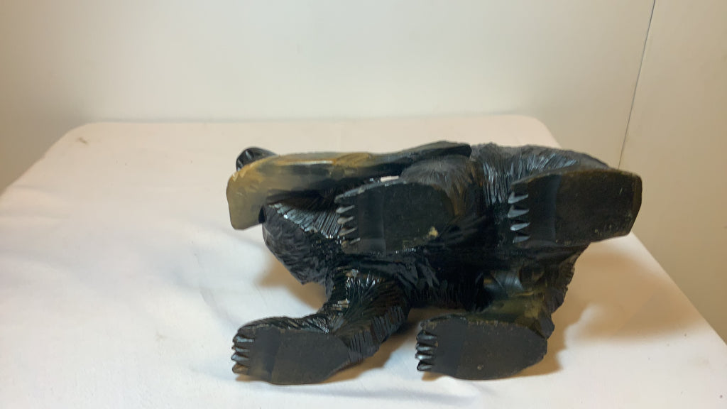 USED 8" Wood Carved Black Bear with Fish Decor Figurine