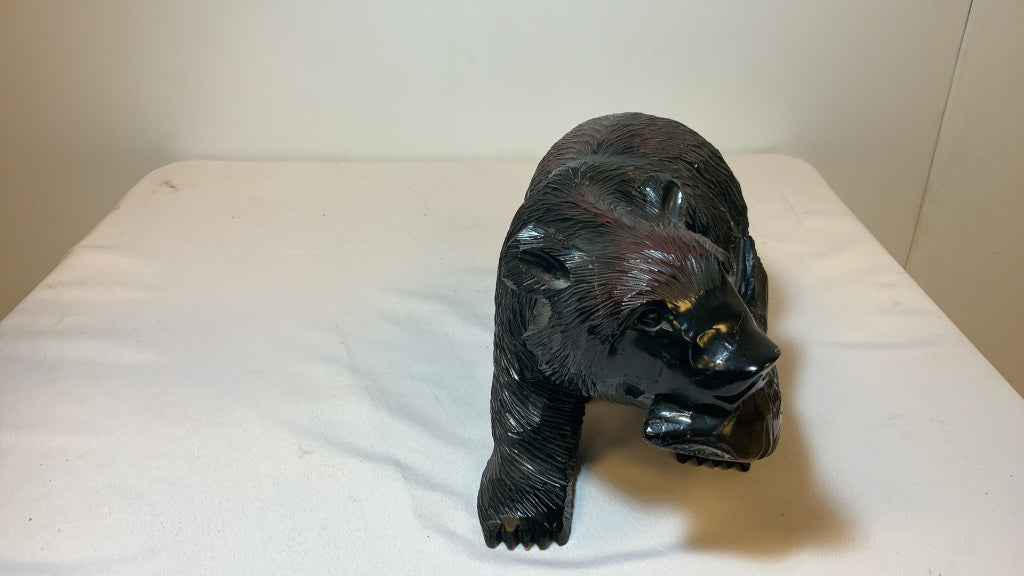 USED 8" Wood Carved Black Bear with Fish Decor Figurine