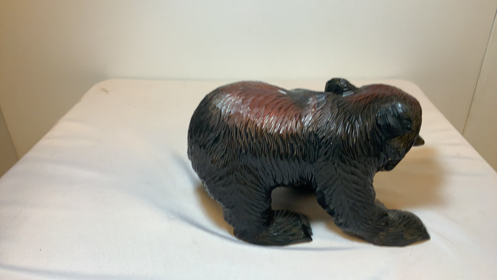 USED 8" Wood Carved Black Bear with Fish Decor Figurine