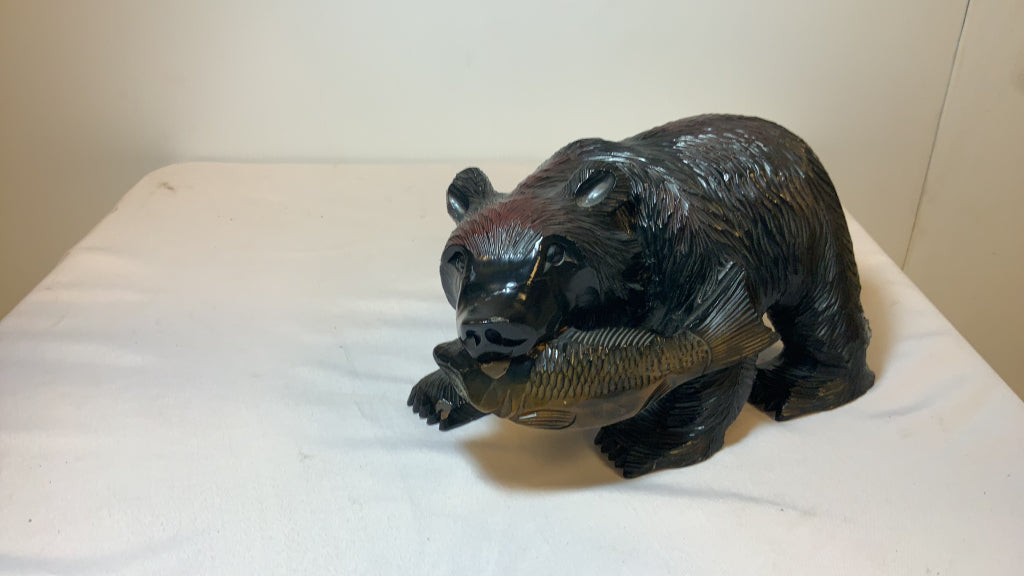 USED 8" Wood Carved Black Bear with Fish Decor Figurine