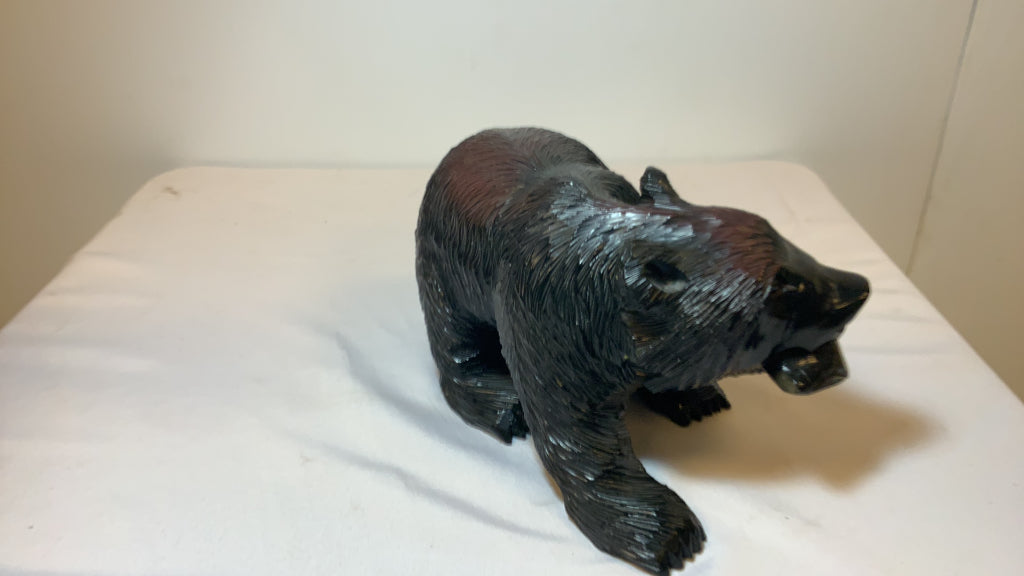 USED 8" Wood Carved Black Bear with Fish Decor Figurine