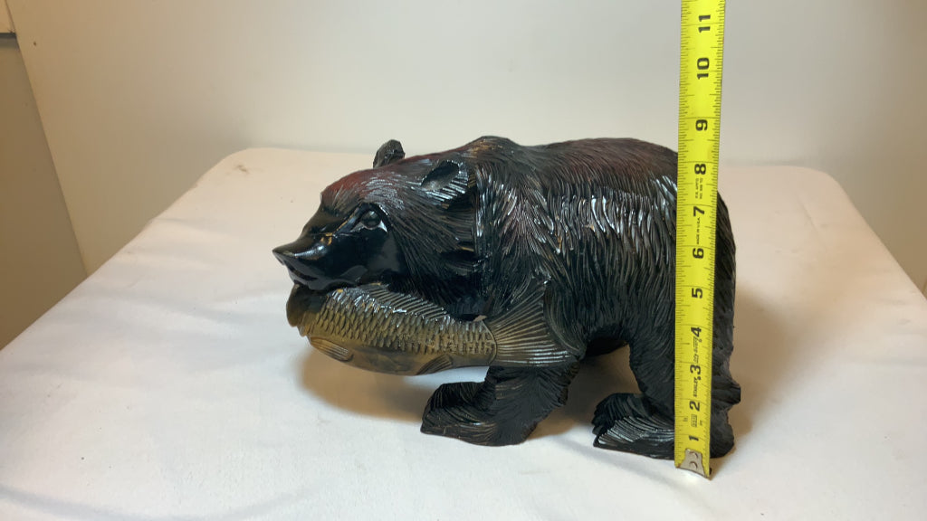 USED 8" Wood Carved Black Bear with Fish Decor Figurine