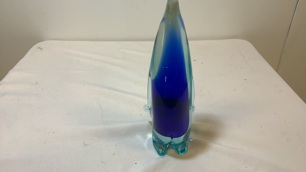 USED Atlaglass Aquamarine Colored Penguin Glass sculpture