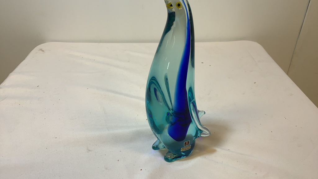 USED Atlaglass Aquamarine Colored Penguin Glass sculpture