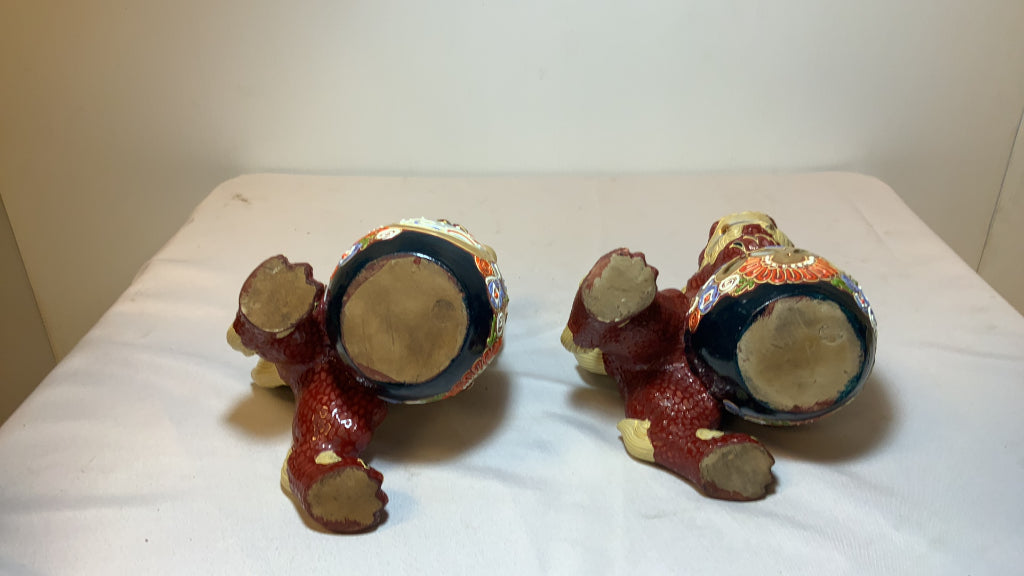 USED Pair Japanese Kutani Porcelain Figurine Shisa Guardian Lion Foo Dog Japan Vintage