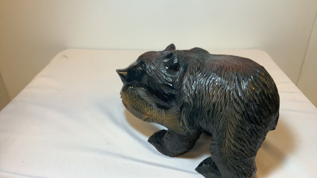 USED 8" Wood Carved Black Bear with Fish Decor Figurine