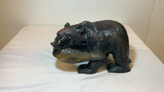 USED 8" Wood Carved Black Bear with Fish Decor Figurine