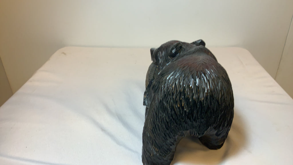 USED 8" Wood Carved Black Bear with Fish Decor Figurine