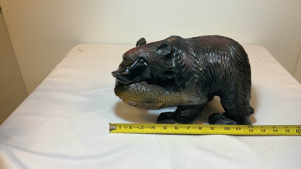 USED 8" Wood Carved Black Bear with Fish Decor Figurine