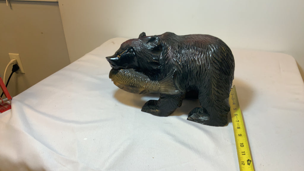 USED 8" Wood Carved Black Bear with Fish Decor Figurine