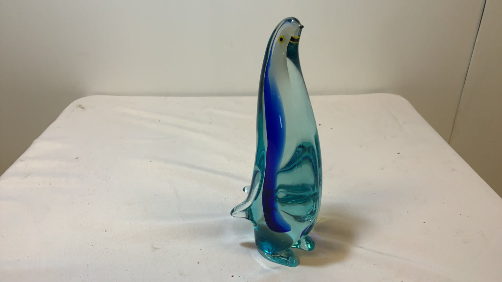 USED Atlaglass Aquamarine Colored Penguin Glass sculpture