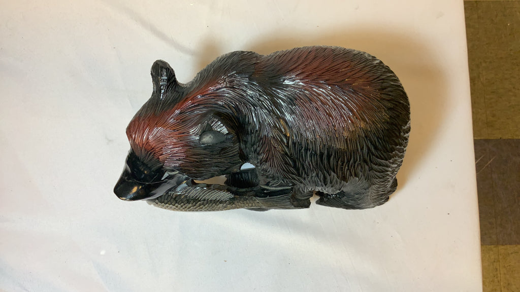 USED 8" Wood Carved Black Bear with Fish Decor Figurine